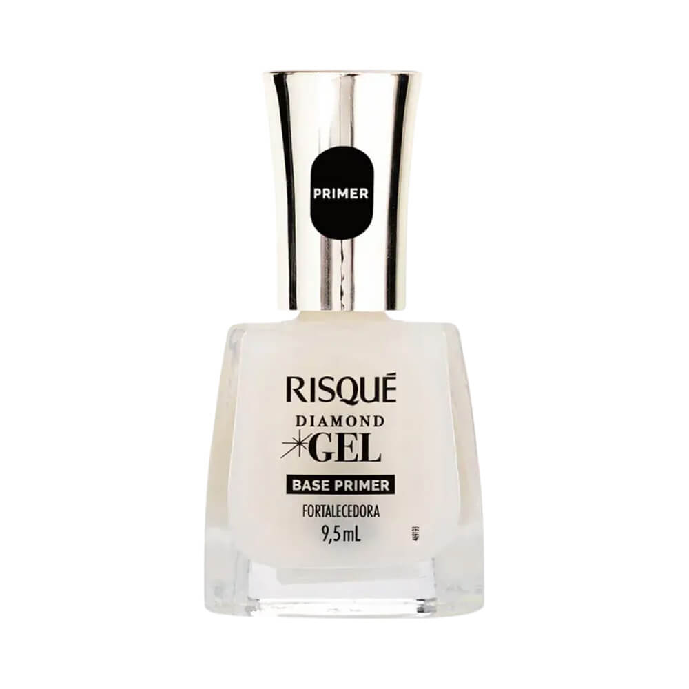 Frasco de esmalte Risqué Diamond Gel Base Primer Fortalecedora em fundo branco